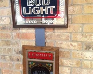Bud Light and Leroux framed mirrored signs