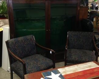 Matching arm chairs; cedar chest; decorative wooden Texas flag