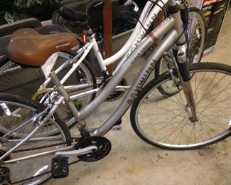 White "Trailway" Schwinn bike and silver "Clear Creek" Schwinn bike