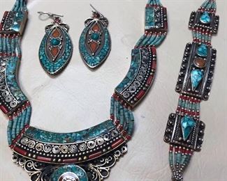 AAAmazing!! Handcrafted Stering Silver Necklace -Earring & Bracelet (one of a kind pieces) Turquoise -Coral    $800.