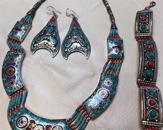 Handcrafted Sterling Silver -  One of a kind pieces Turquoise & Coral adorned     Shipping is FREE  on All our Jewelry          $950.