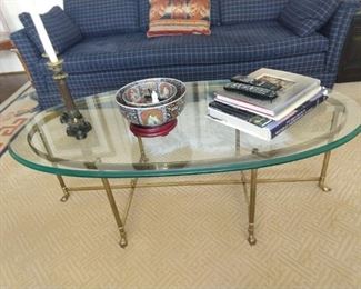 Vintage brass/glass coffee table, Asian Imari porcelain bowls and vintage French bronze candlesticks.