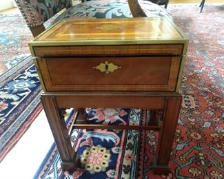 Fine English mahogany box on stand, with inlay and brass fittings.