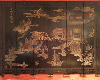Vintage six-panel hand carved and painted Asian screen, from CA.