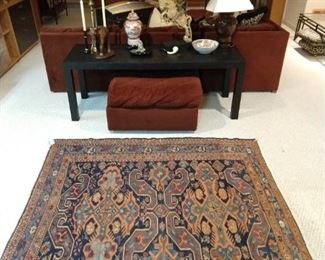 Vintage hand woven, Turkish flat weave rug, 100% wool face, measures 5' 5" x 5' 4", laminate sofa table, ottoman from the vintage Bernhardt love pit.