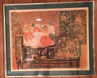 One of a pair of signed print, "Nature Morte" by Paul Augustin Aizpiri (1919 - 2016).                                                                                      Paul Aizpiri has a unique style reminiscent of Edvard Munch.  Roughness in his brushstroke and use of bold colors, allow each of his characters and situations come to life with raw emotion.  Surely inspired by his Basque background, Aizpiri continually challenges the conventions of modern and contemporary form with his post-Expressionistic style.
Paul Aizpiri was born in 1919 in Paris, France and studied painting at "L'Ecole des Beaux-Arts" also in Paris.
Public acknowledgment of his talent began in 1940, and progressed from many exhibitions in countries around the world.  Since 1963, he has submitted his work to every International Figuration Exhibition as a guest of honor.  A likely consequence of growing up in the Basque, he uses vivid Spanish colors that are filled with passion.  He is exceptionally well received 
