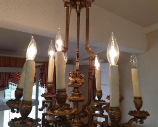 Vintage 8-light Asian gilt chandelier - check out the foo dog in the center!