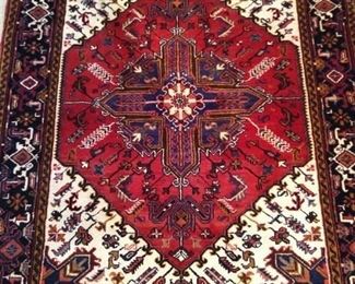Vintage hand woven, Persian Heriz rug, 100% wool face, measures 4' 9" x 6' 9".