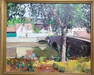 Original oil on canvas, by Russian artist Dmitriy Proshkin, "Chartres, France Stone Bridge".