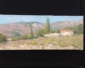 Original oil on canvas, by Russian artist,  Albert, "Crimean Mountains and Farmhouse".