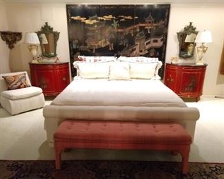 Lovely king size bed with all linens, pair of Chinese red hand-painted demilunes, hand carved & painted 6-panel Chinese screen, upholstered bench, pair of vintage Italian Florentine table lamps, pair of vintage French mirrors, antique wooden corner sconce with angel and a perfect little slipper chair.