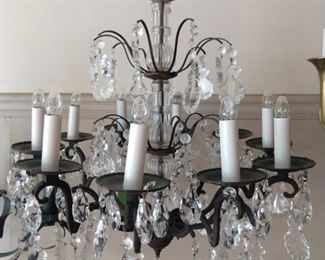 Vintage 8-light bronze/crystal chandelier.