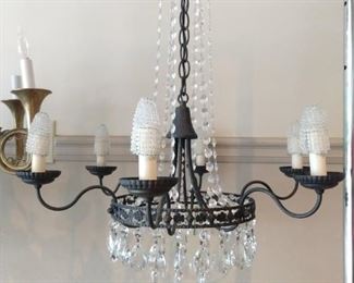 Vintage 6-light bronze/crystal chandelier, with beaded bulb covers.