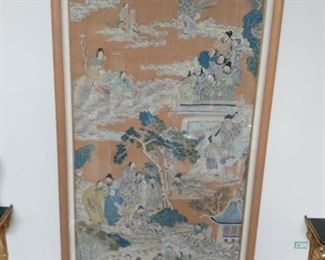 Woven silk scroll from the Asian collection of the Boston Museum of Art. Measures 43" w x 7' t.                             Finest example of woven tapestry , a Kesi, or Ko'ssu contains a thread count of 23/24 warp threads and up to 116 weft threads per centimeter. Finest European work of this time achieved a fabric with only 8/11 warp threads and 22 weft threads threads per centimeter.