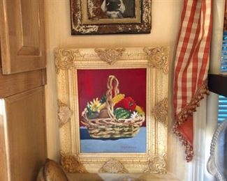 Original veggie basket still life, by Angie Burns and Old Bessie on a tin ceiling tile, by Chattanooga, TN artist.