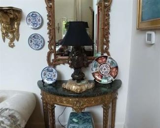 One of a PAIR of gorgeous French gilt wood demilunes, with green marble tops, one of a pair of square Asian porcelain garden stools, vintage French gilt wood wall mirror and FABBY Asian bronze table lamps with dragons.