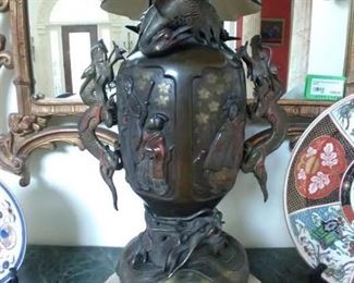 PAIR of amazing bronze Asian table lamps, with dragons. 