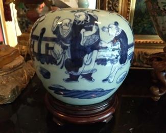 Antique Asian porcelain jar, w/lid, celadon & blue, figure design, Tao Kuang period, 1821-1850.