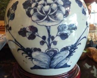 Antique Asian porcelain jar, celadon & blue, floral design, T'ung Chih period, 1862-1874.
