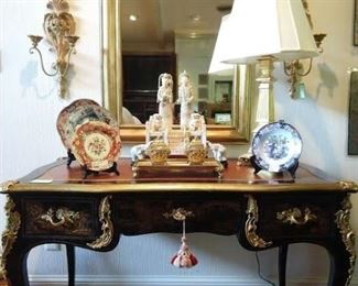 Wonderful French chinoiserie desk, with bronze mounts and tooled leather insert top, Louis Philippe wall mirror, all atop a vintage Persian Malayer hand woven runner. 