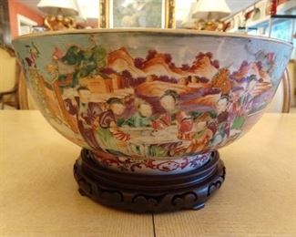 Stunning 12" Antique Asian porcelain bowl, on wooden stand.