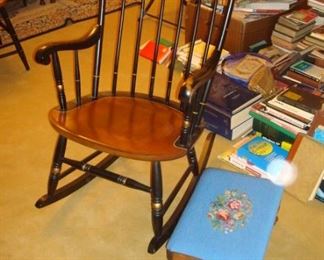 Signed Hitchcock stenciled rocker and needlepoint stool.