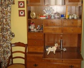 Ethan Allen cabinet/desk, cast iron bulldog and etc.