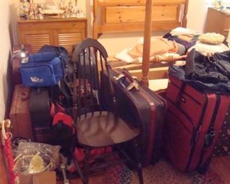Lots of luggage, pine double bed, Ethan Allen bedside stand & etc.
