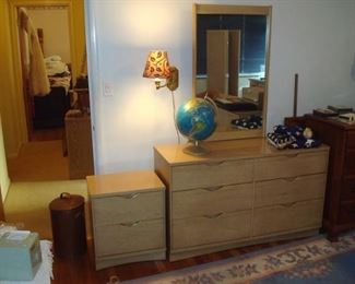 Mid century Basset dresser & stand, copper bucket, world globe and several U.S. flags.
