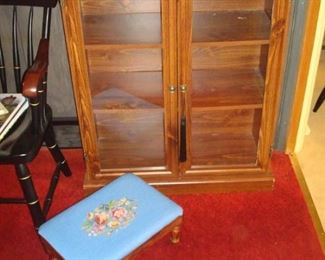 Bookcase, Victorian needlepoint stool, a 1950's phone & old sheet music and memorabilia.