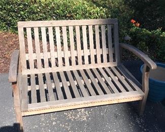 Teak Bench Teak Bench with Sunbrella cushions $200 - has a broken leg that is easily repaired