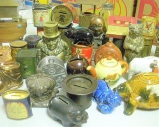 TRUST ME....This is just a SMALL (very small) SAMPLING of the cast iron, tin, advertising, glass, pottery, wood and folk-art banks...or as the English call them "Cash Box"