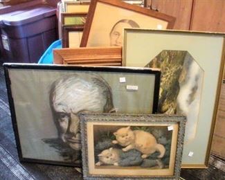 Over 60 pieces of framed art work....oil paintings (canvas & board), litho prints, engravings, watercolor and more spanning the 1800's to mid 1900's....even old paint-by-number pieces.