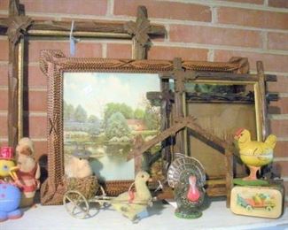 Fabulous tramp art frame...so far this is the largest one found.  Small sampling of the antique easter candy containers.