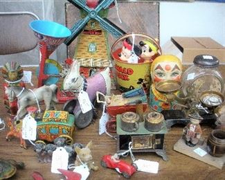 More antique tin toys...mechanical, key wind, friction, pull...lots more toys and banks available. 