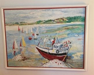 CLAUDE, FRENCH 20th CENTURY “HARBOR” OIL ON CANVAS, 30”x40”, SIGNED