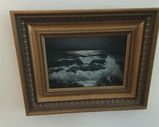 SOLOVEY, CONTINENTAL SCHOOL, 20th CENTURY “SURF AT NIGHT” OIL ON MASONITE, SIGNED 5” x 7”