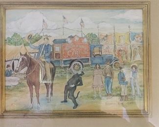 REYNOLDS BEAL, AMERICAN 1867-1951, “SELL FLOTO CIRCUS“ MIXED MEDIA ON PAPER, 11”x15”, SIGNED AND DATED 1929.