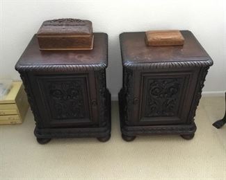 pair of carved Brazilian walnut lamp tables/end tables– nice – price $145 for the pair - Damage to tops - wood separating Approx size 17" x 17" x 24" tall