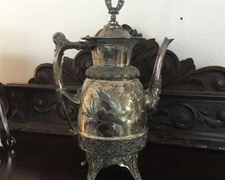 fancy silver plate teapot embossed casting and etched $105