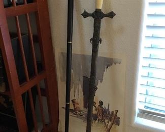 vintage walking stick black ebony wood with brass duck handle – price $65. Vintage Knights Templar dress sword ( damage on bone handle reverse side) price –$95