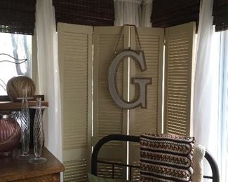bench made from bed frame, "G" wall hanging