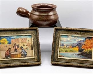 F. MacDonald (2) small Paintings - signed and Baxter small pottery vessel