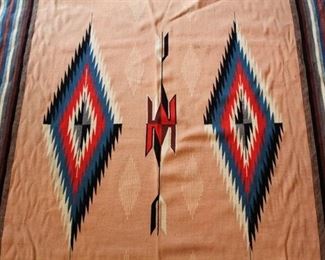 Native American Rug or Blanket - Tan with red, blue, black diamond design