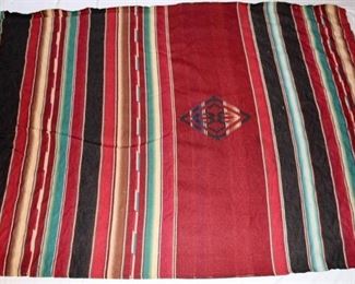 Native American Rug or Blanket - Red, black, blue, tan striped with diamond design in center