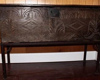 Antique Carved Wood Chest on Metal Stand