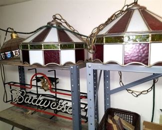 Pair of large slag glass light fixtures. Budweiser neon light