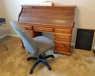 Roll top desk. Office chair