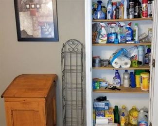 Wood hamper/garbage/storage, DVD rack, cleaning supplies
