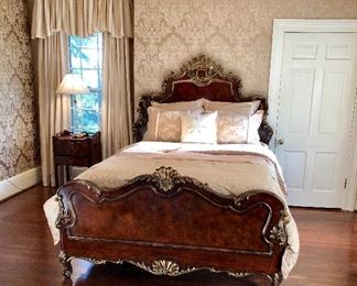 Queen size French style bed headboard, footboard and rails.  Mahogany early 19 c. Compose table.  